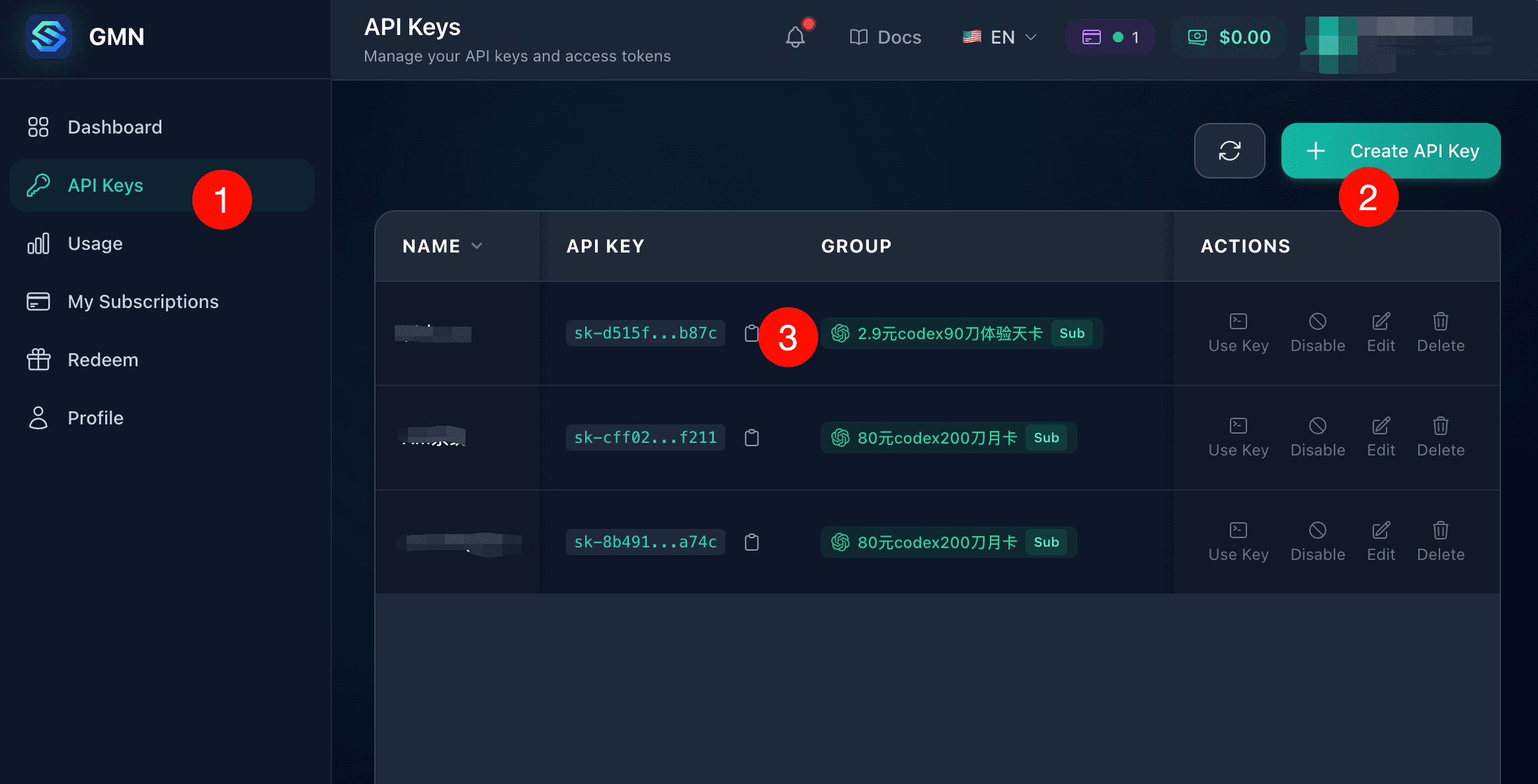 API Key 创建与复制示意图
